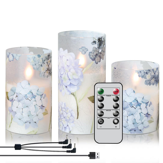 DRomance Rechargeable Hydrangea Glass Flameless Candles with Remote Timer Battery Operated LED Flickering Pillar Candles Real Wax Spring Dinner Christmas Holiday Decor D3 x H4, 5", 6"