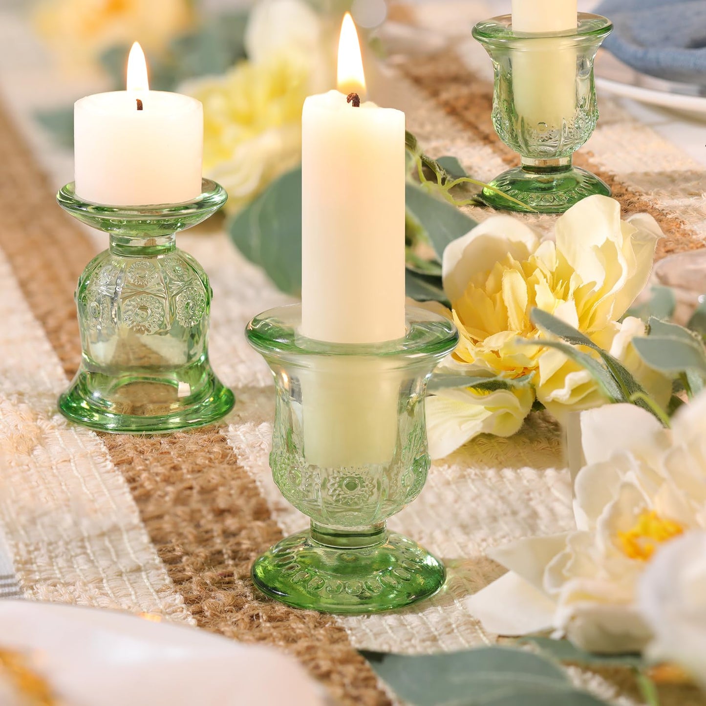 sunnyfuture 10pcs Green Candlestick Holders, Glass Taper Candle Holders for Table Centerpiece Decor, Wedding, Birthday, Gift
