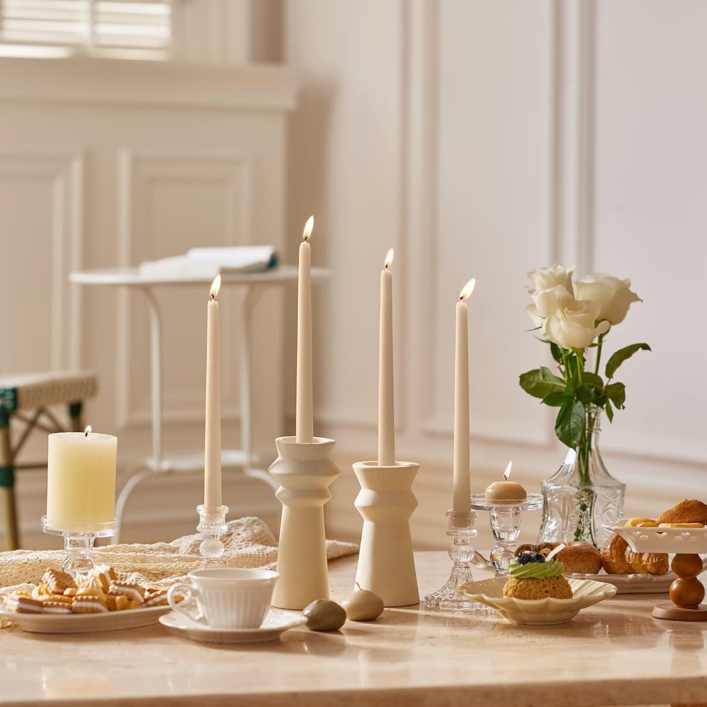 Pickood 12-Inch Tall Dripless Taper Candles Set of 4 - Beige Tapered Candles, Perfect for Christmas - Smokeless, Unscented, Long Burning - Hand Poured, Colored Tall Candlesticks - Beige