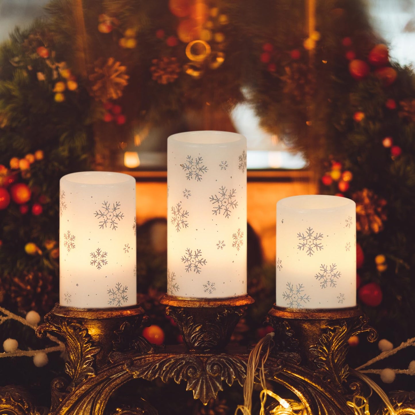 Eldnacele Christmas Flickering Flameless Candles with 6 Hour Timer, Silver Snowflake Decal Battery Operated Real Wax LED Pillar Candles Home Tabletop Holiday Decor(3Pcs,3×4/5/6 Inches)