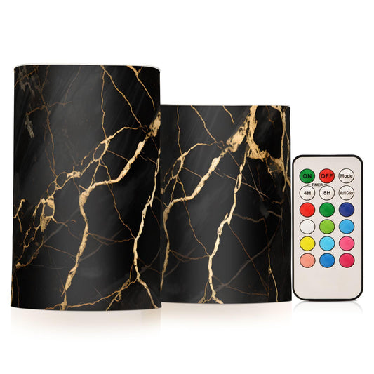 ALAZA Black Marble Gold Fluid Marble Flameless Candles Flickering LED Candles with Remote Timer Battery Operated Pillar Candles Set of 2 for Dinner Holiday Decor
