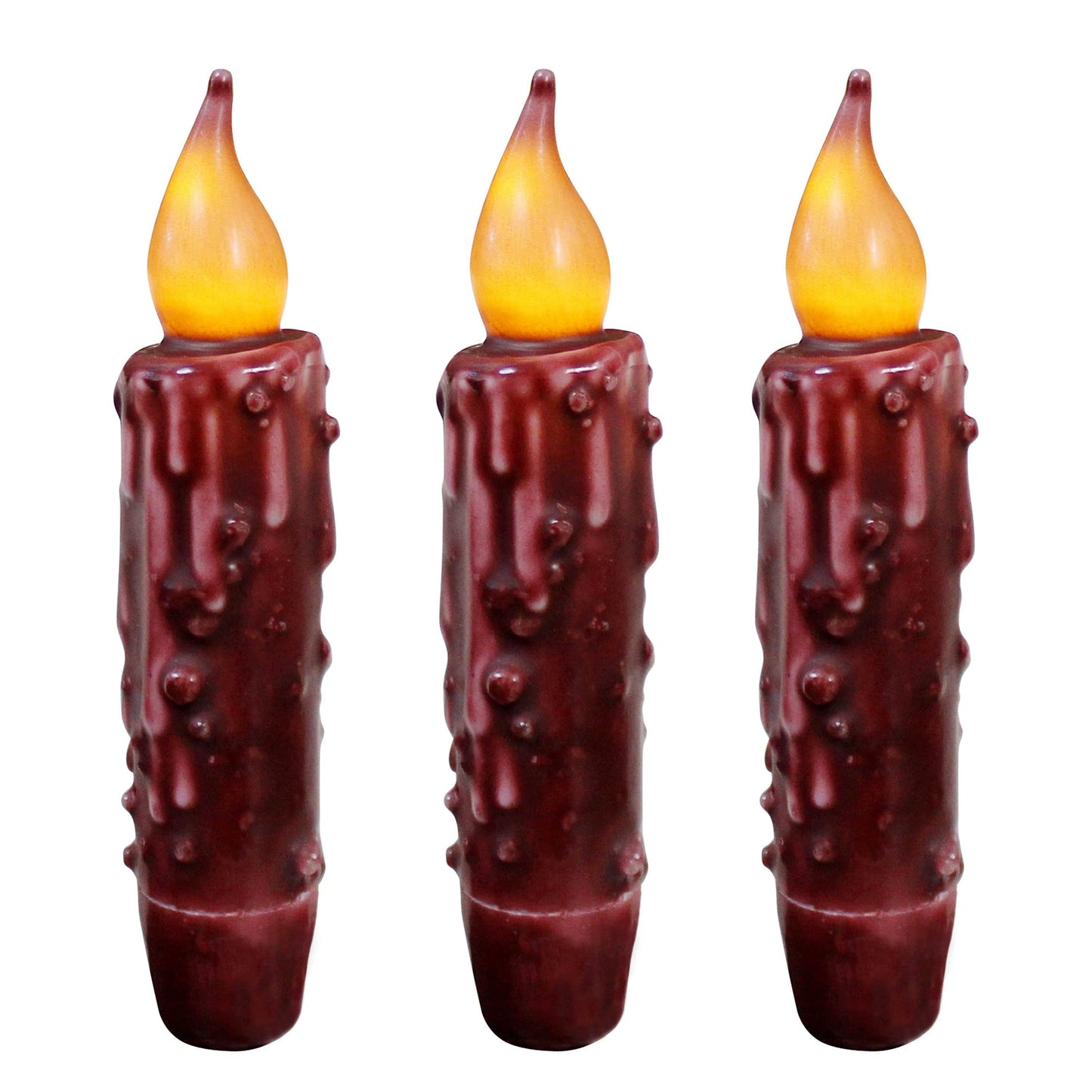 CVHOMEDECO. Real Wax Hand Dipped Battery Operated LED Timer Taper Candles Country Primitive Flameless Lights Décor, 4-3/4 Inch, Burgundy, 3 PCS in a Package