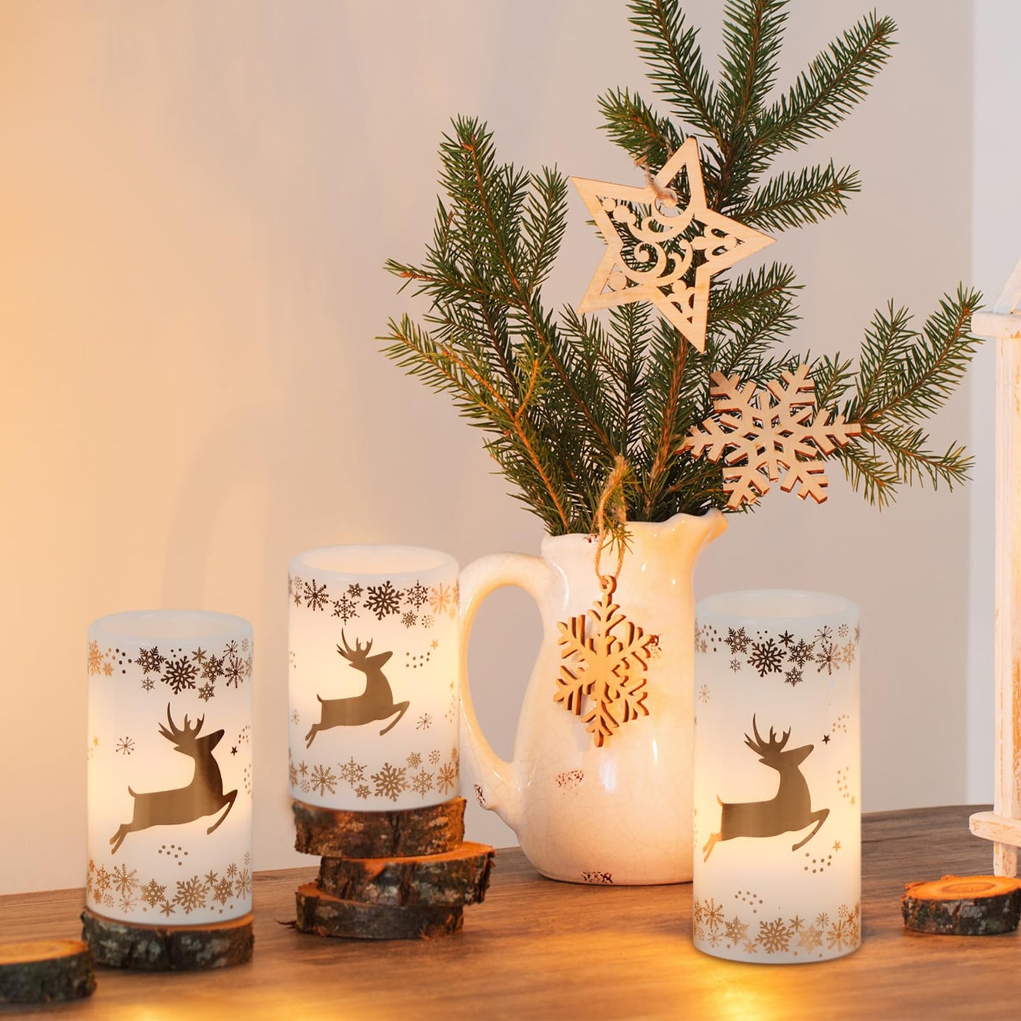 GenSwin Christmas Flameless LED Flickering Candles, Real Wax, Gold Deer, 3 Pack Pillar Fake Candles for Winter Indoor Fireplace Decor (D3' x H4'5'6')