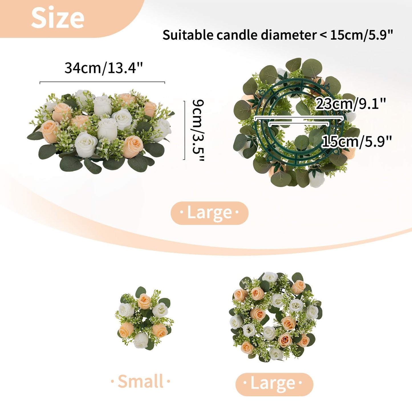NUPTIO Flower Candle Rings Centerpieces: 13.4 Inch Champagne & White Artificial Rose Wreath for Wedding Party Christmas Decorations - Spring Summer Front Door Porch Decor 2 Pcs