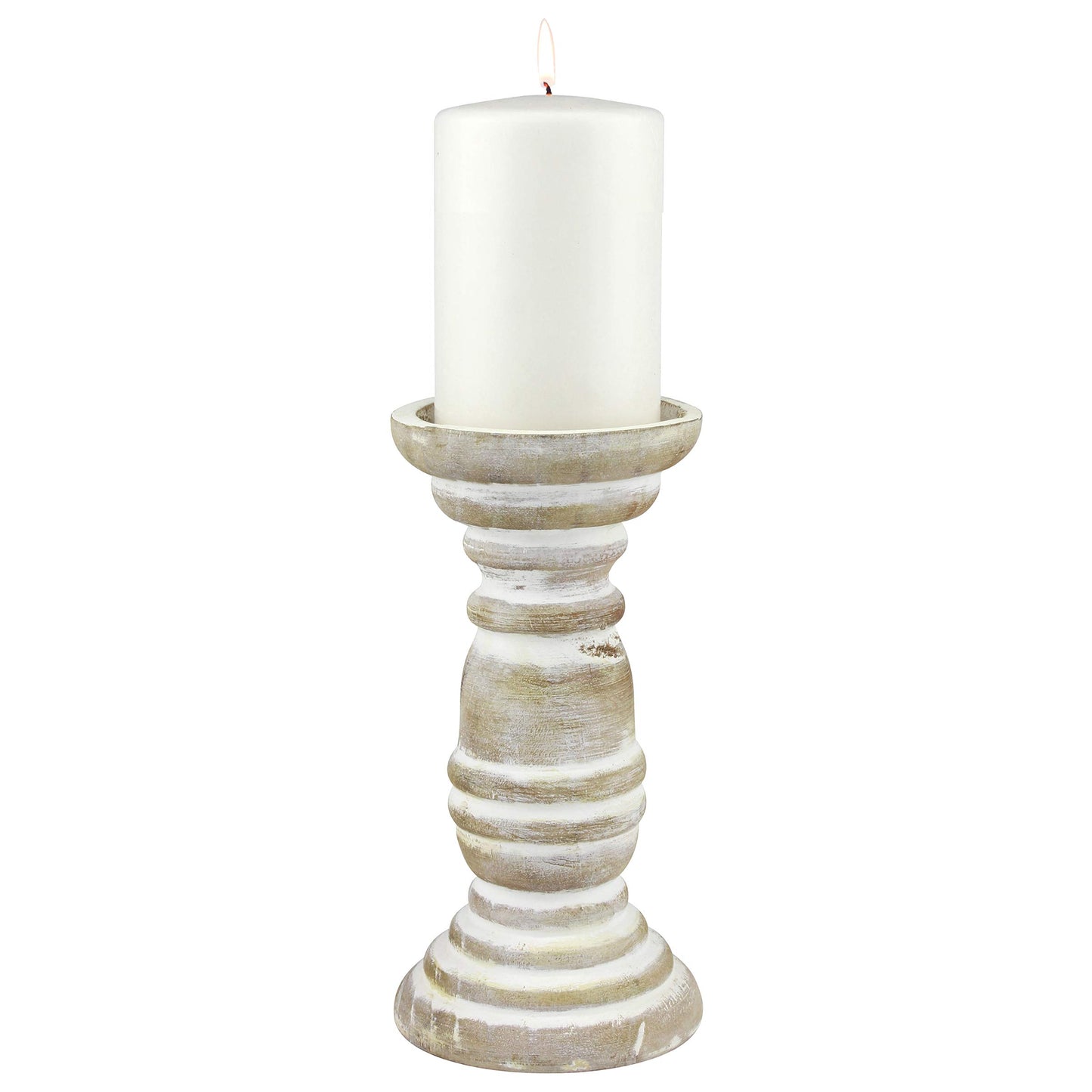 Stonebriar Decorative Worn White Wooden Pillar Candle Holder, Coastal Home Decor, Ocean Inspired Designs for Wedding Decorations, Parties, or Everyday Home, Large 8 Inch