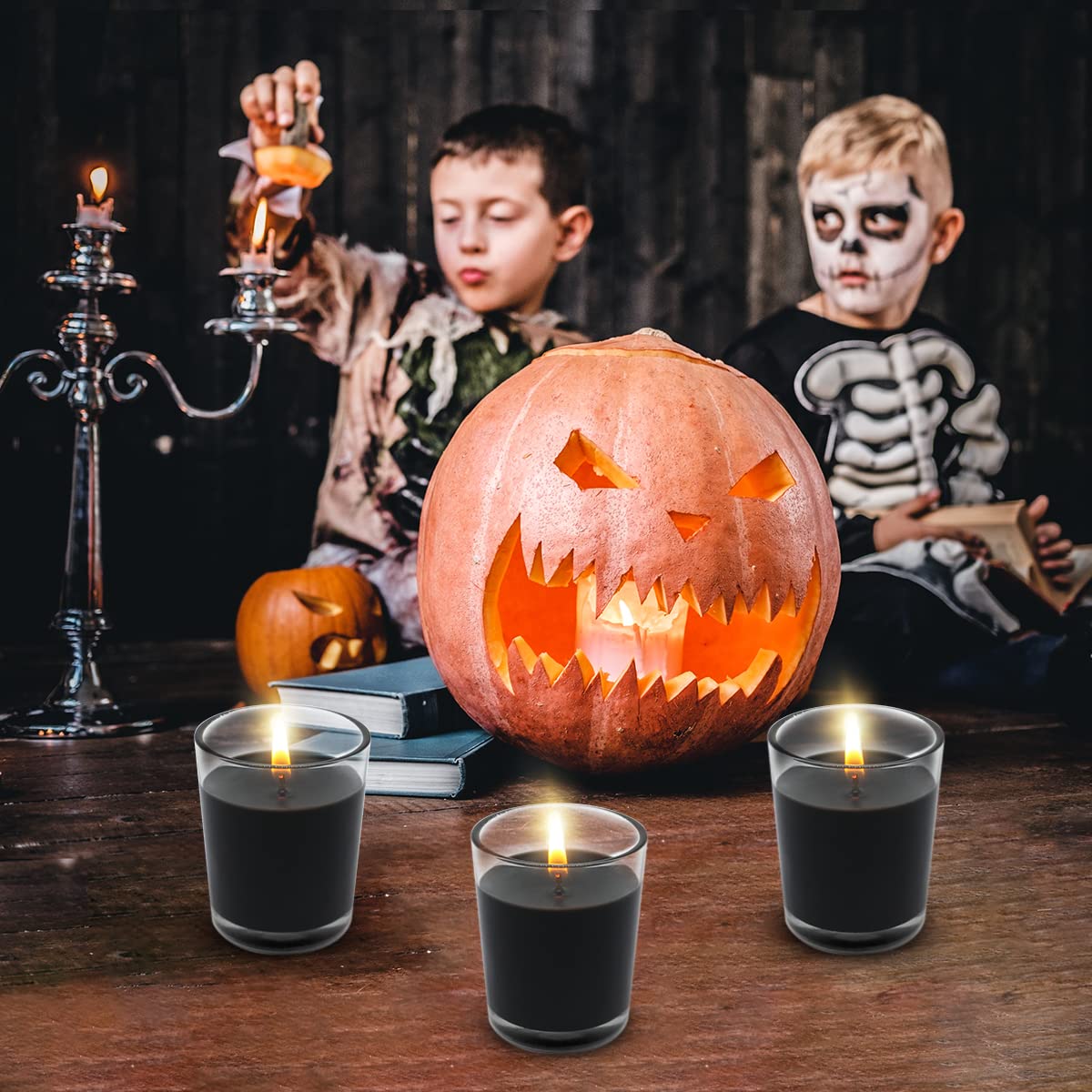 Set of 4 Black Votive Candles for Halloween Pumpkin, Clear Glass Filled Unscented Soy Wax Candle for Dinner, Parties, Home Decorations and DIY