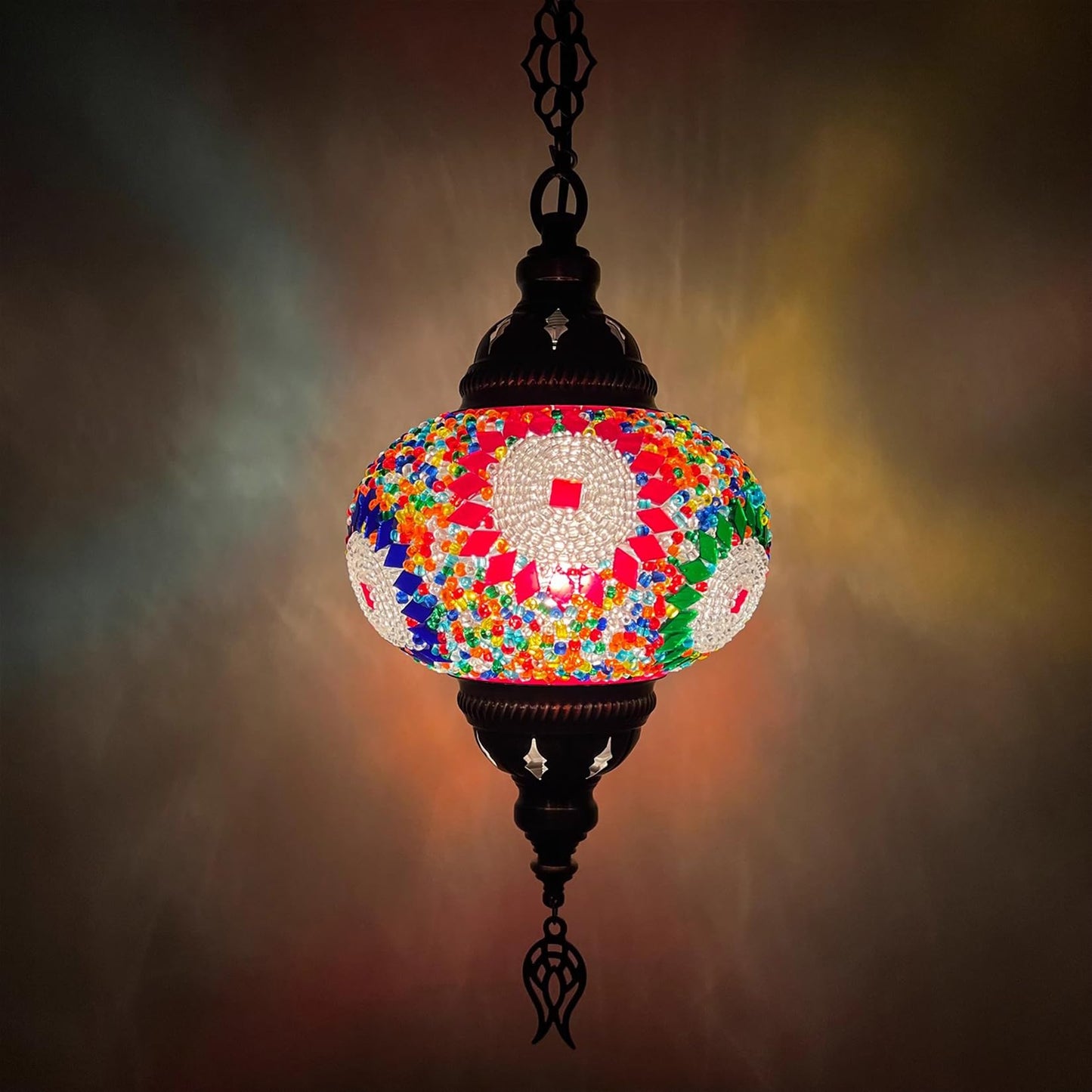Fiunkes Turkish Mosaic Chandelier, Bohemian Industrial Height Adjustable Blue Pink Purple Ceiling Hanging Light Fixture, Bronze Plating Dining Lamp for Kitchen Island, Bedroom,Colored