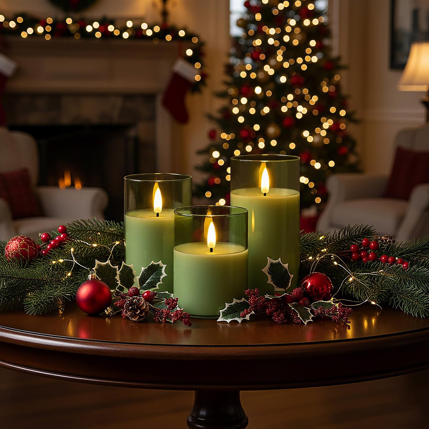 Homemory Green Glass Flameless Candles, Battery Operated LED Pillar Candles with Remote Control and Timer, Radiance Candles, Real Wax, Set of 3,D3 xH4 5" 6"