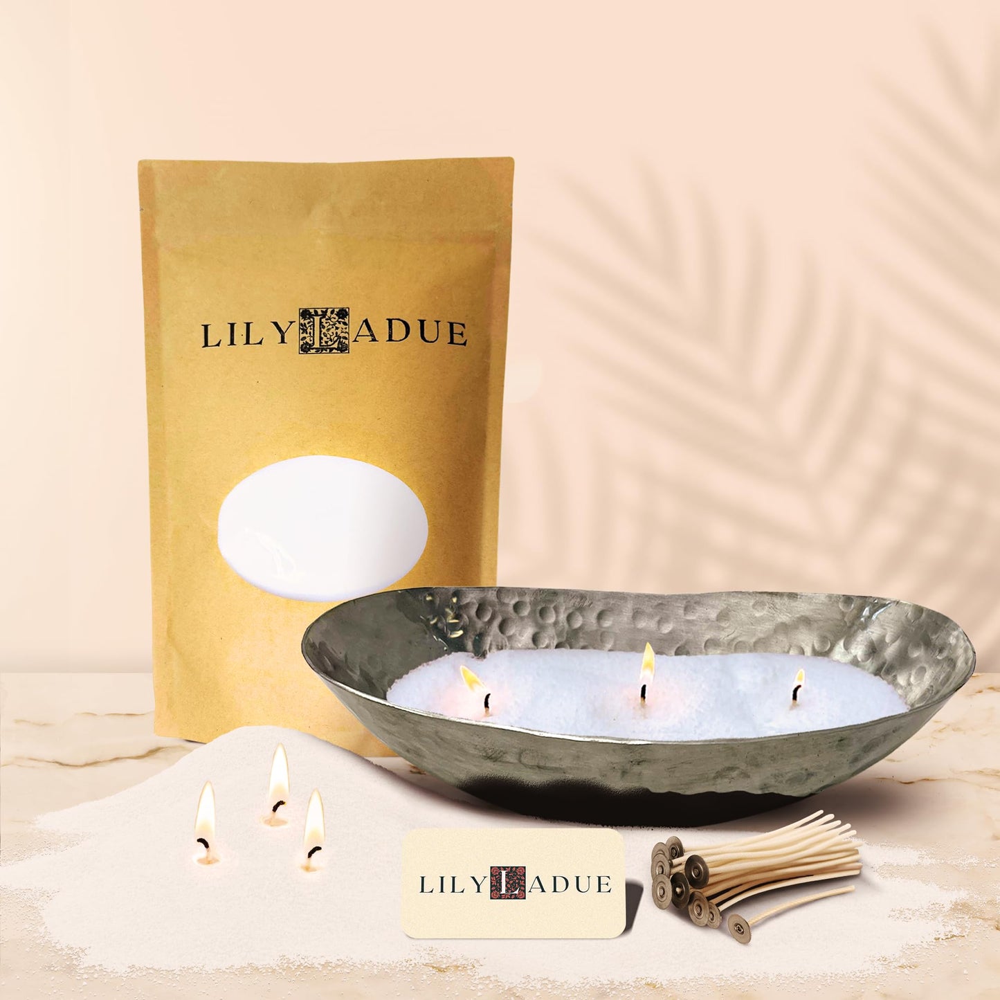 LILY LADUE Sand Candle Kit - 1Lb/16Oz Pearled Candles Sand and Wicks (24) with Silver Holder, Unscented Aroma Beads, Reusable Pearled Candle Wax for DIY Home Kit, Powder Beads Refill Available