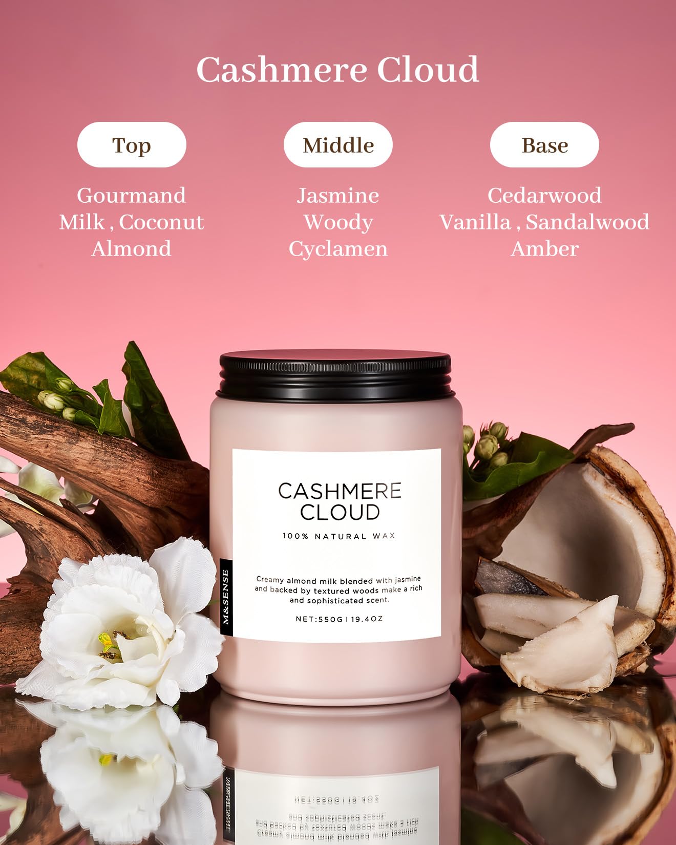M&SENSE Cashmere Vanilla Scented Candles, Non Toxic Soy Wax 19.4oz 110 Hour Long Lasting 2 Wick, Large Candle for Bedroom Kitchen Home Decor, Housewarming Holiday Gifts for Mom Grandma Family Friends