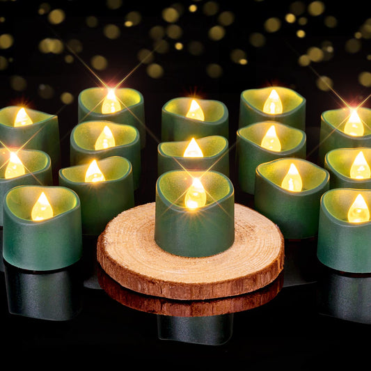 Homemory Green Tea Lights Candles Battery Operated, 200+Hour Flameless Flickering Fake Electric LED Colored Tealights for St. Patrick's Day, Christmas, Theme Party, Seasonal Celebrations, 12-Pack