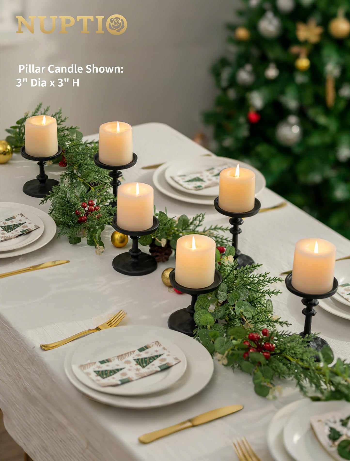 NUPTIO Pillar Candle Holder Black: Solid Cast Iron Candle Stand for 3 Inch Pillars - Handcrafted Hammered Candleholder for Thanksgiving Christmas Fireplace Mantle Decor