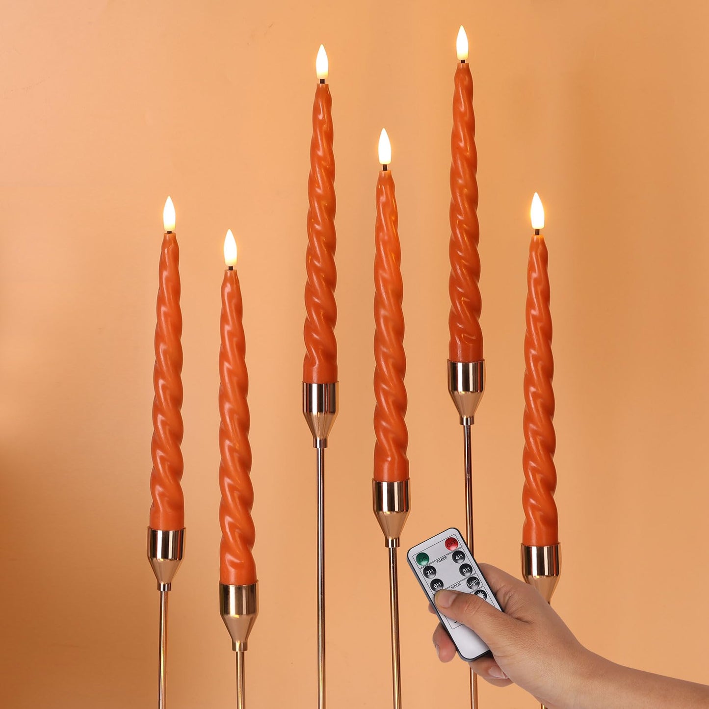 Girimax Orange Flameless Taper Candles with Remote, Spiral Candles Battery Operated, Flickering LED Candlesticks Set of 6