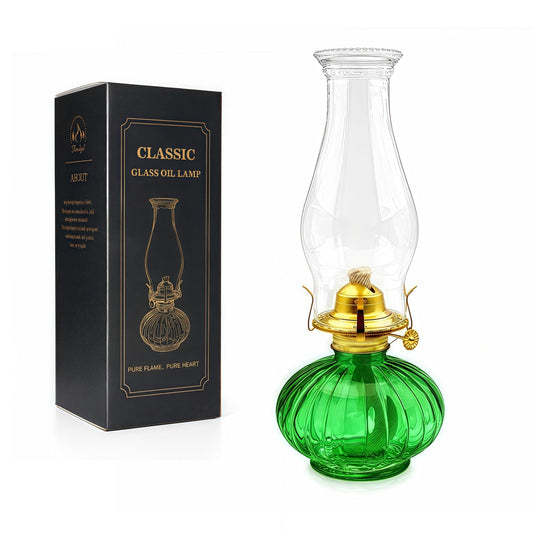 13" Large Glass Kerosene Oil Lamp, Vintage Hurricane Lantern with Thickened Glass Base, Chamber Oil Lamp for Indoor Use, Rustic Tabletop Lantern for Home Decor, Emergency Lighting(Green)