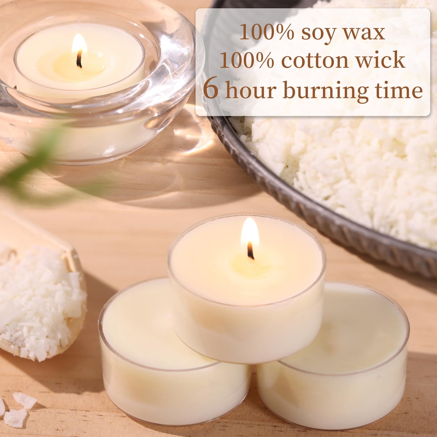 6 Hour Soy Tea Lights Candles 50 Pack, Unscented Long Burning Tea Lights Bulk, White Small Votives-Burn Clean, Non-Paraffin Soy Candles for Wedding Party Centerpiece