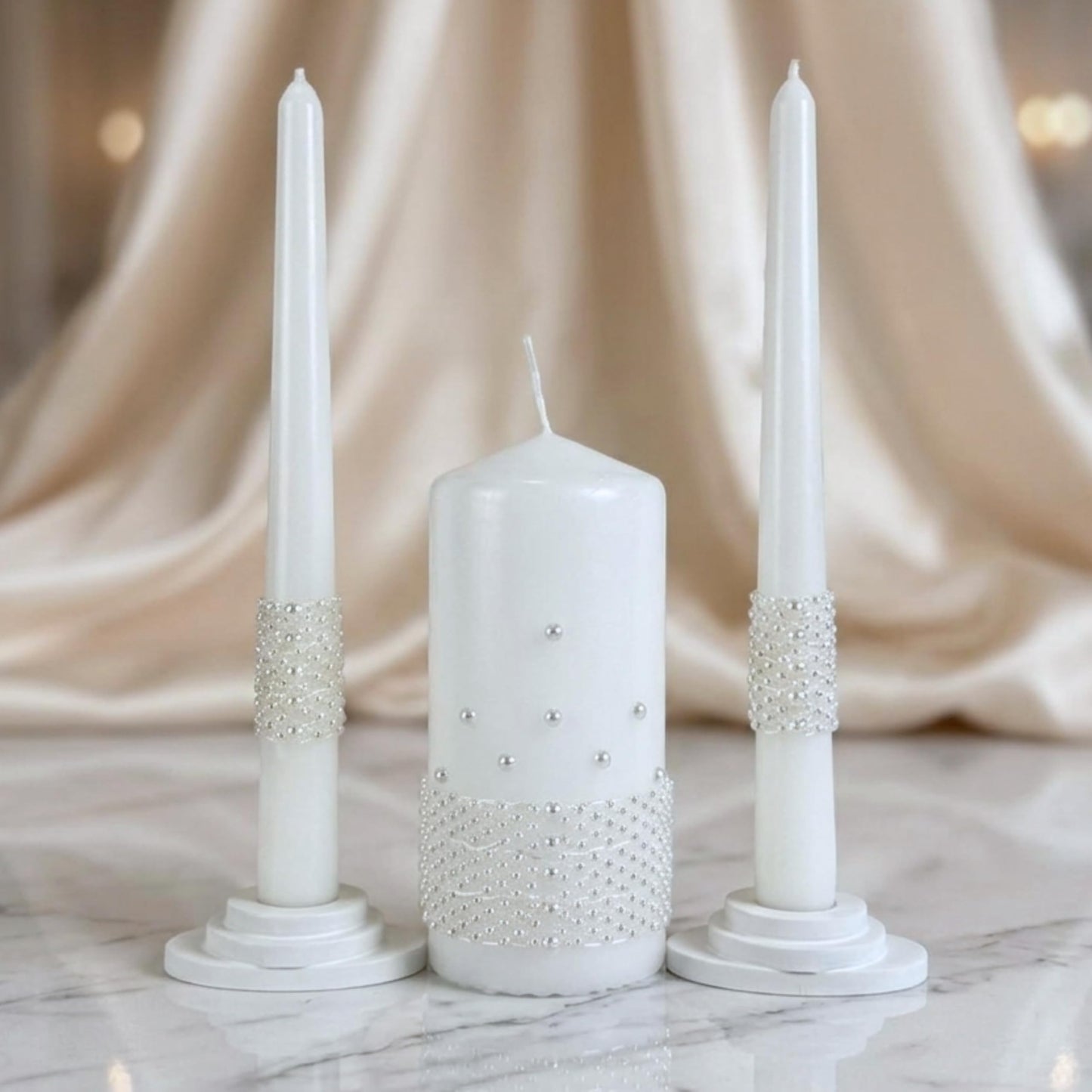 Magik Life Unity Candle Set - Wedding Ceremony & Reception Candle– 6” Pillar & Two 10” Taper Candles – Long Burning Unity Candles for Marriage Ritual – Handmade in USA – White |Pearls| Luxury