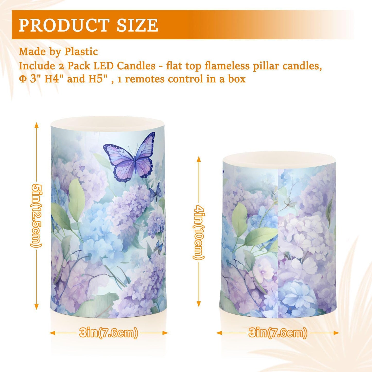 ALAZA Blue Hydrangea Flowers with Butterflies Flickering Flameless Candles Battery Operated with Remote Timer,Tea Light Candles LED Pillar Votive Candles Set of 2 for Outdoor Indoor Decorations