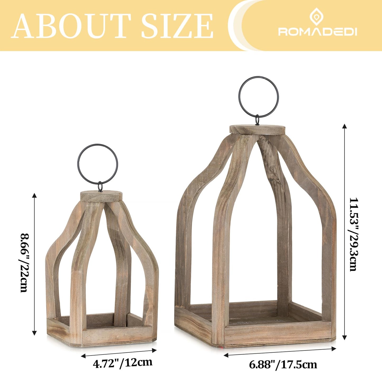 Romadedi Farmhouse Decorative Lantern Wooden - Set of 2 Rustic Wood Lanterns Candle Holder for Wedding Table Centerpieces Indoor Outdoor Fireplace Mantle Home Decor, Brown