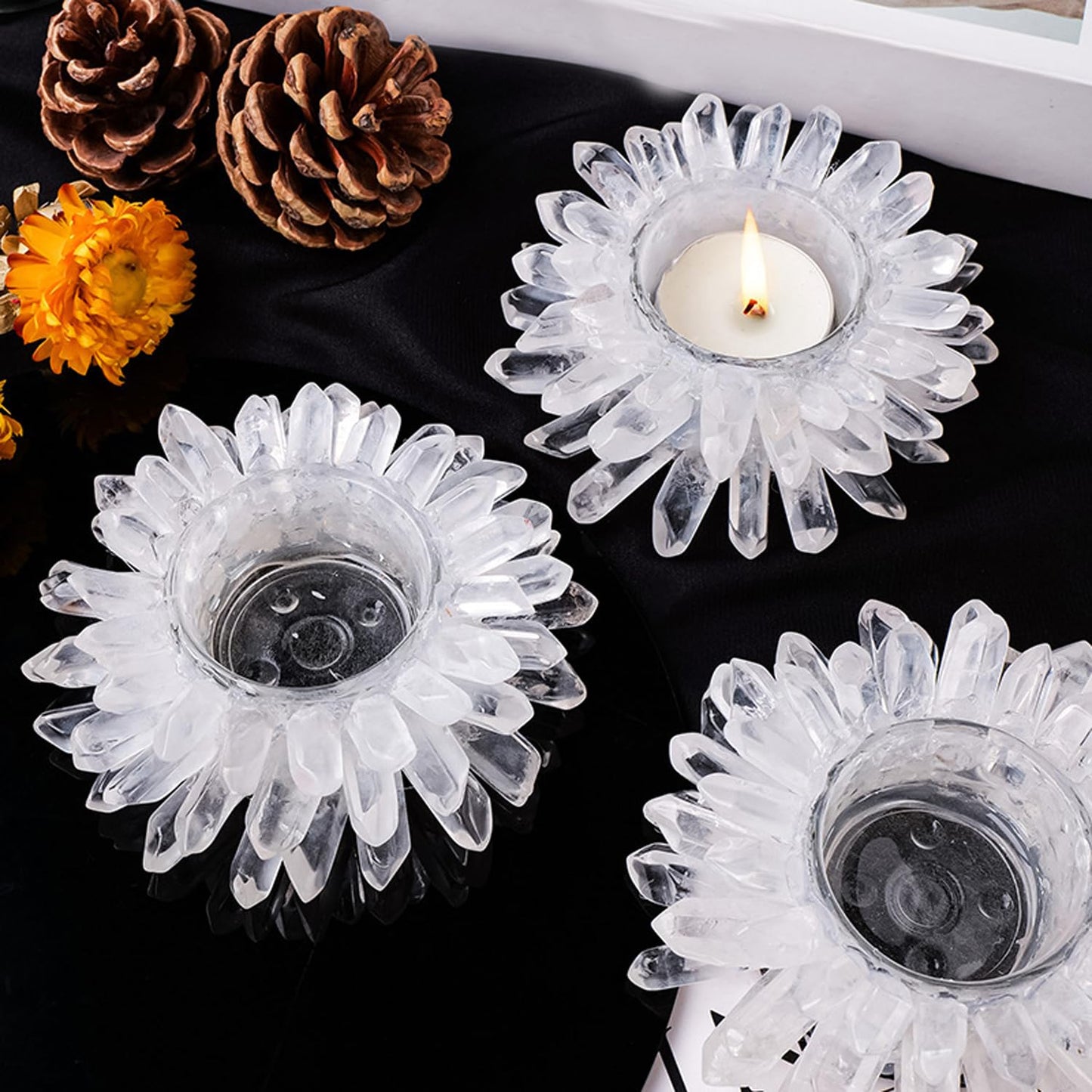 Natural Clear Quartz Crystal, Crystal Quartz Tealight Candle Holder Crystal Stone Candle Stand High Energy Geode Votive with Healing Effects (Not Included Candle)