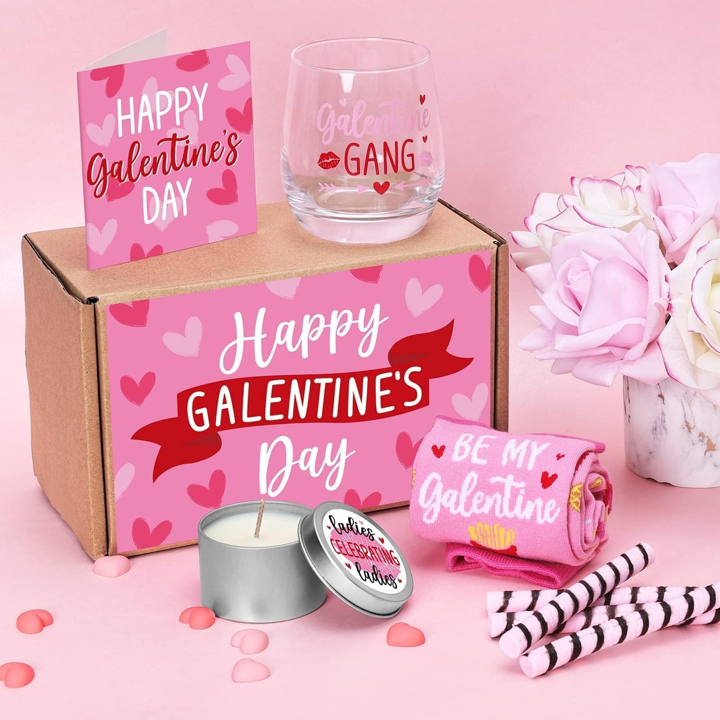 Galentines Day Gifts for Women Galentine Wine Glass Socks Rose Scented Candles Greeting Card Ladies Celebrating Ladies BFF Present Birthday Idea Valentines Day Gifts for Her Friends Girls Sister