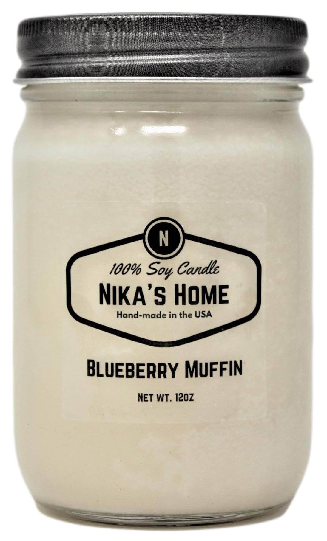 Nika's Home Blueberry Muffin Soy Candle - 12oz Mason Jar - Non-Toxic - Hand Poured in The USA, Long Burning 50-60 Hours Highly Scented All Natural, Clean Burning