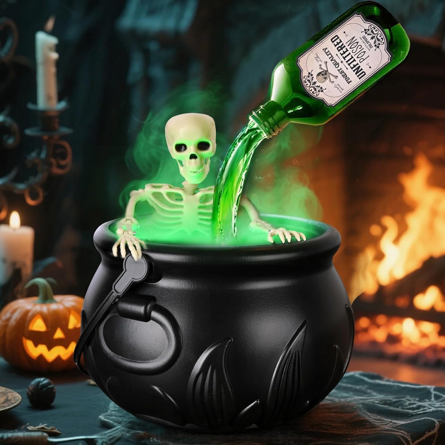 Halloween Decorations Indoor, Cauldron Halloween Decor with Magic Floating Potion Bottles and Diffuser - Black Witches Bowl Hocus Pocus Party Decoration for Spooky Home Kitchen Table (8in/20cm)