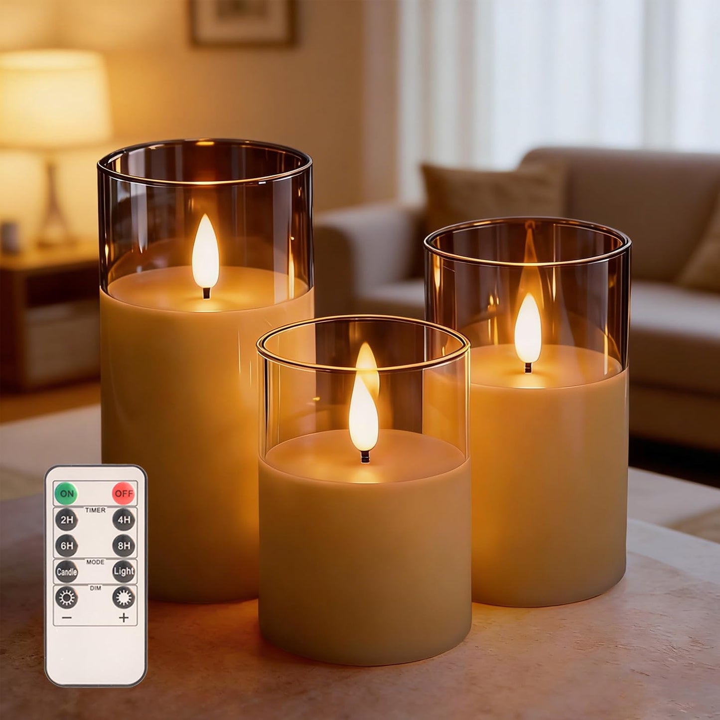 Eynshoo Gold Flameless LED Candles with Remote & Timer, 3-Piece Flickering Pillar Candle Set, Realistic Flame Effect, Adjustable Brightness, Battery Operated Candles for Home Decor, Wedding & Holiday