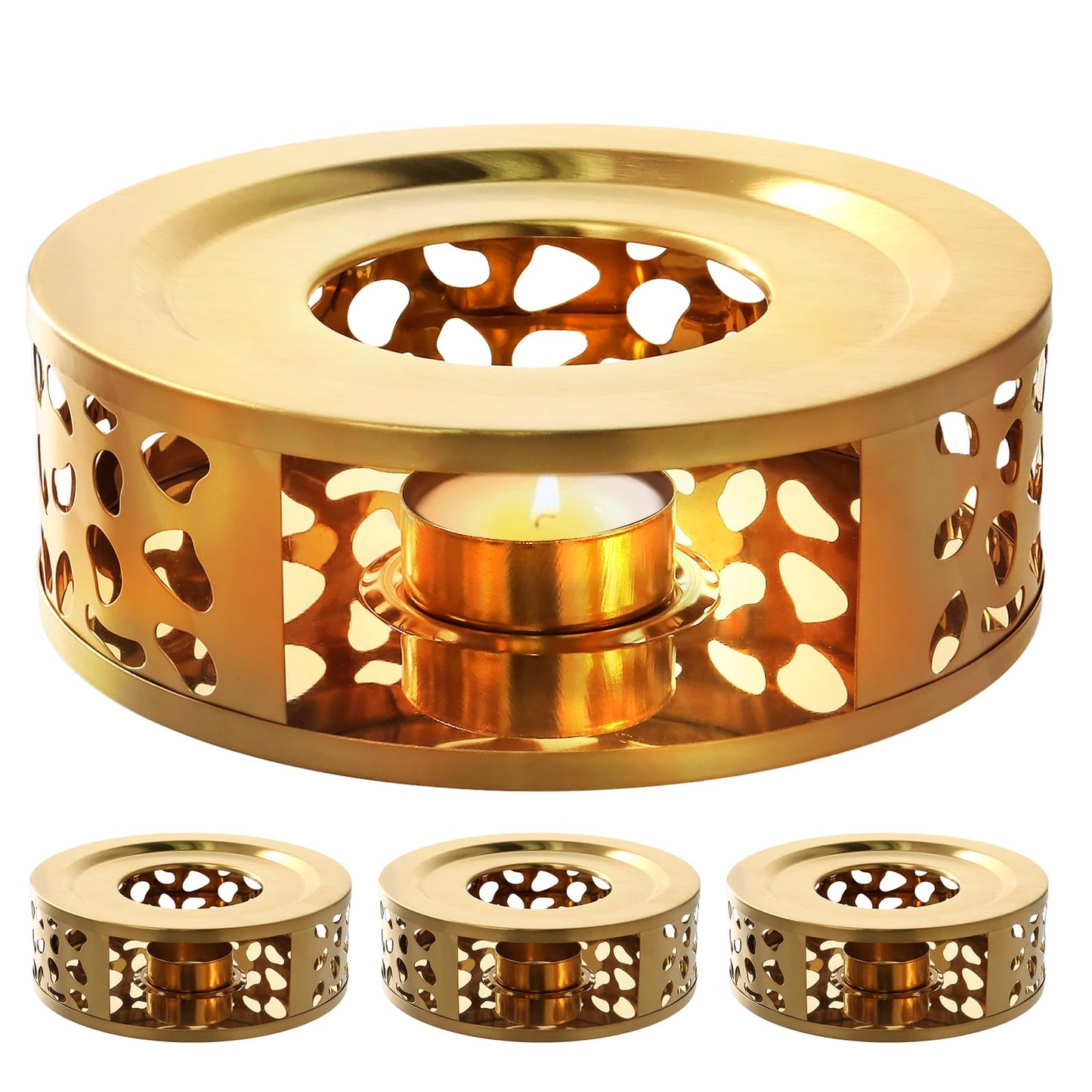 HOIGON 3 PCS Teapot Warmer, Stainless Steel Brushed Tea Pot Warmer Base with Tealight Candle Holder, Teapot Warming Tray, Gold