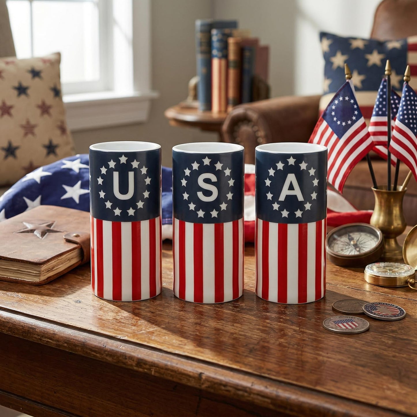 ONEIHOMM 4th of July Candles Battery Operated with Timer Remote Control, Patriotic Candles for American Independence Day Decorations,250th Anniversary American Flag LED Candles,6inch,3 Pcs