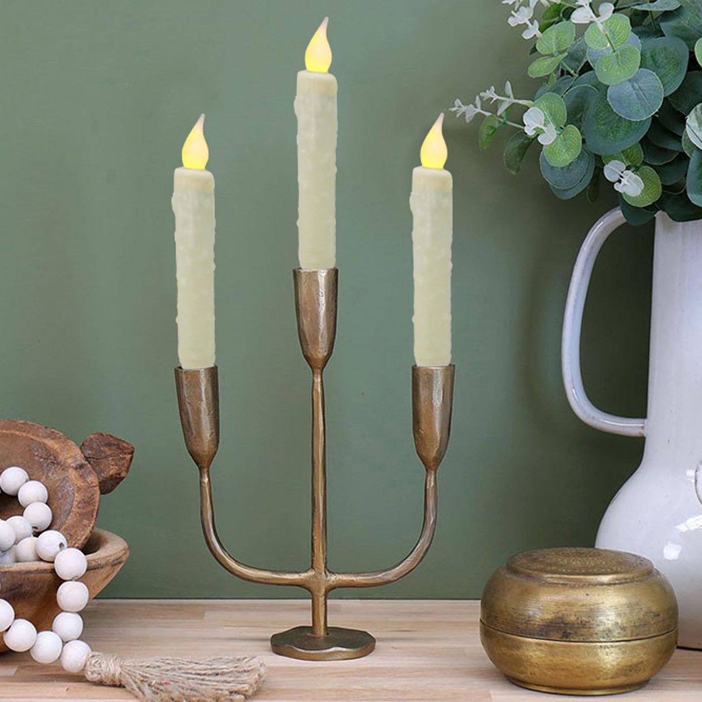 CVHOMEDECO. Real Wax Hand Dipped Battery Operated LED Timer Taper Candles Country Primitive Flameless Lights Décor, 6-3/4 Inch, Ivory, 3 PCS in a Package