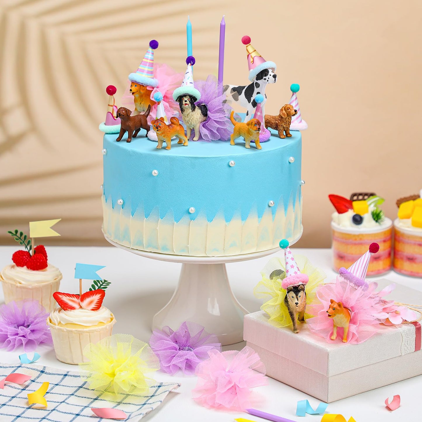 Weysat 27 Pcs Dog Cake Topper Animals Figures Birthday Party Decorations with Mini Hat with Pom Poms Puppy Dog Figure Cupcake Toppers Decoration with Mini Skirt and Hat for Puppy Animals Themed Party
