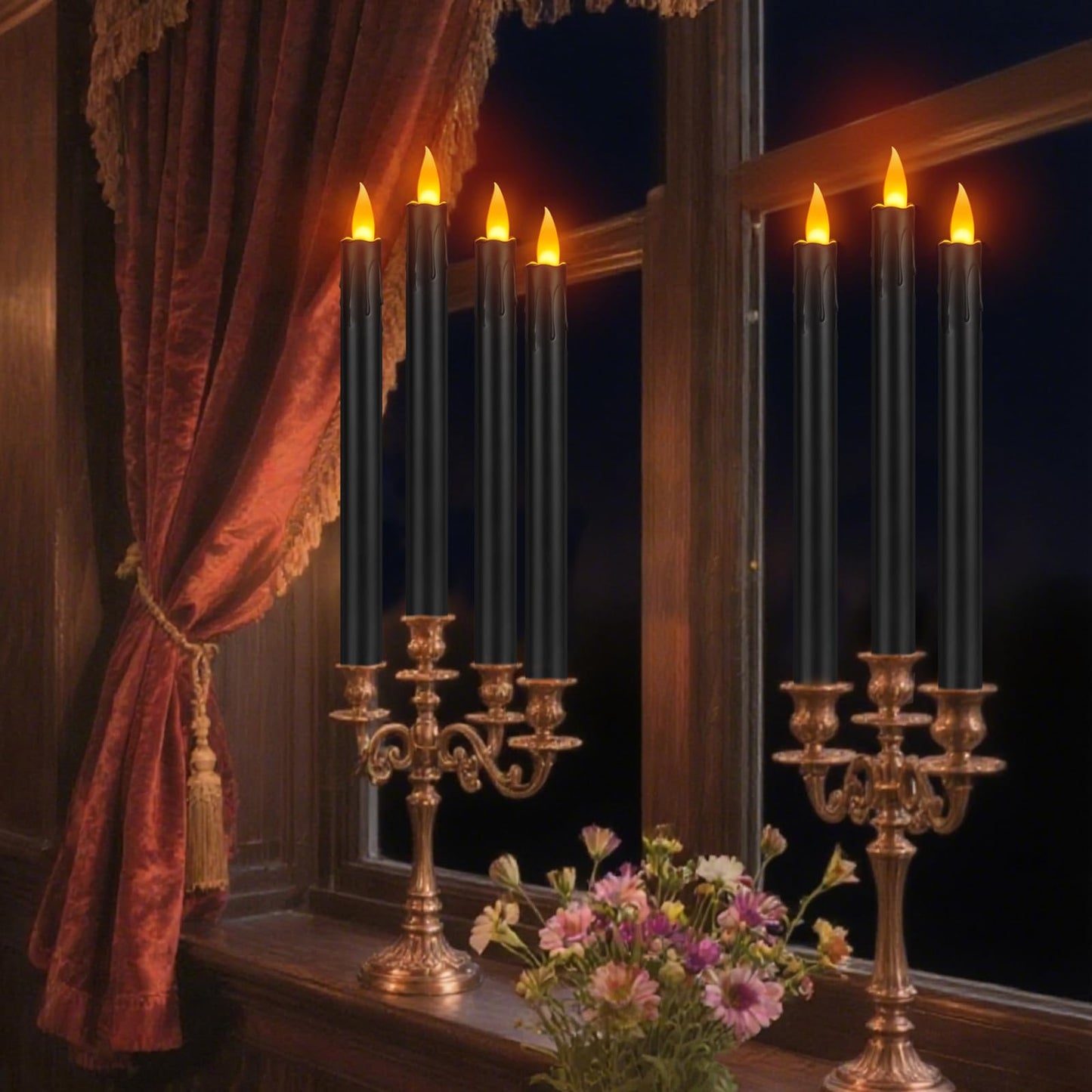 wemarry 10" Flameless Taper Candles with Remote, 12 Pcs Black Electric Led candlesticks, Plastic Tall Taper Candles Battery Operated with Flickering Flame for Halloween Christmas Wedding Home Décor