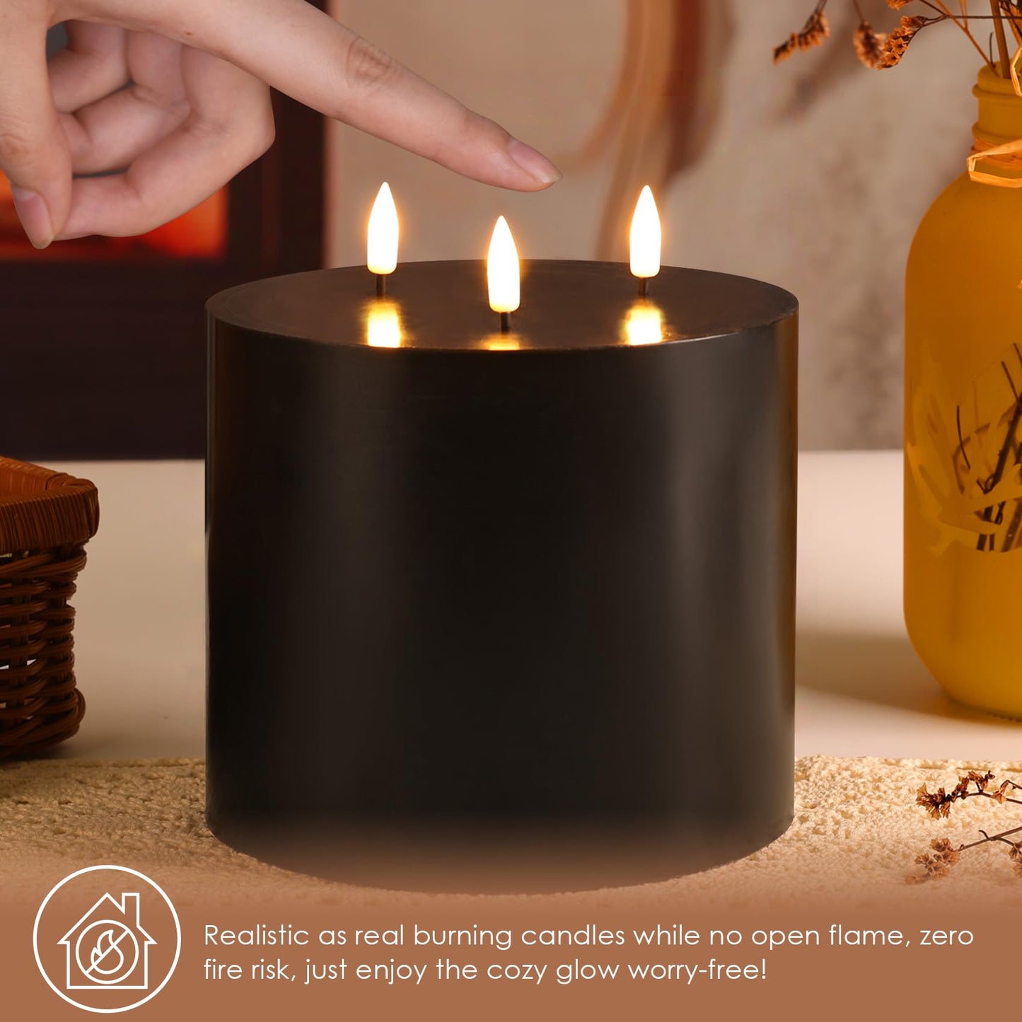 Girimax 3 Wick Flameless Pillar Candle with Remote, 6x6 inch Large Black LED Candle Battery Operated Flickering