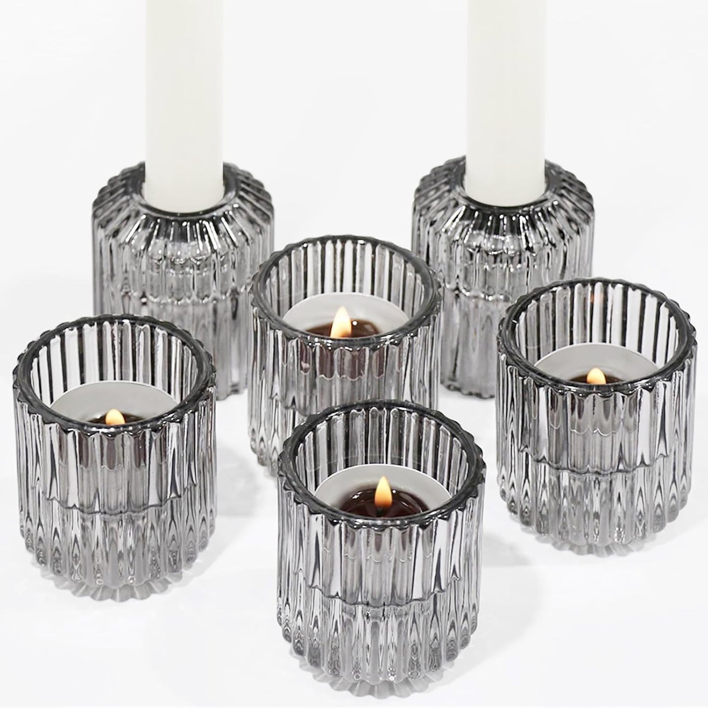 CHOCSTAY Reversible Gray Glass Candle Holder Set of 6, Thick Heat-Resistant Glass Candlestick Holders for Taper, Tealight, Votive, LED Candles, Perfect for Wedding, Party, Home Décor