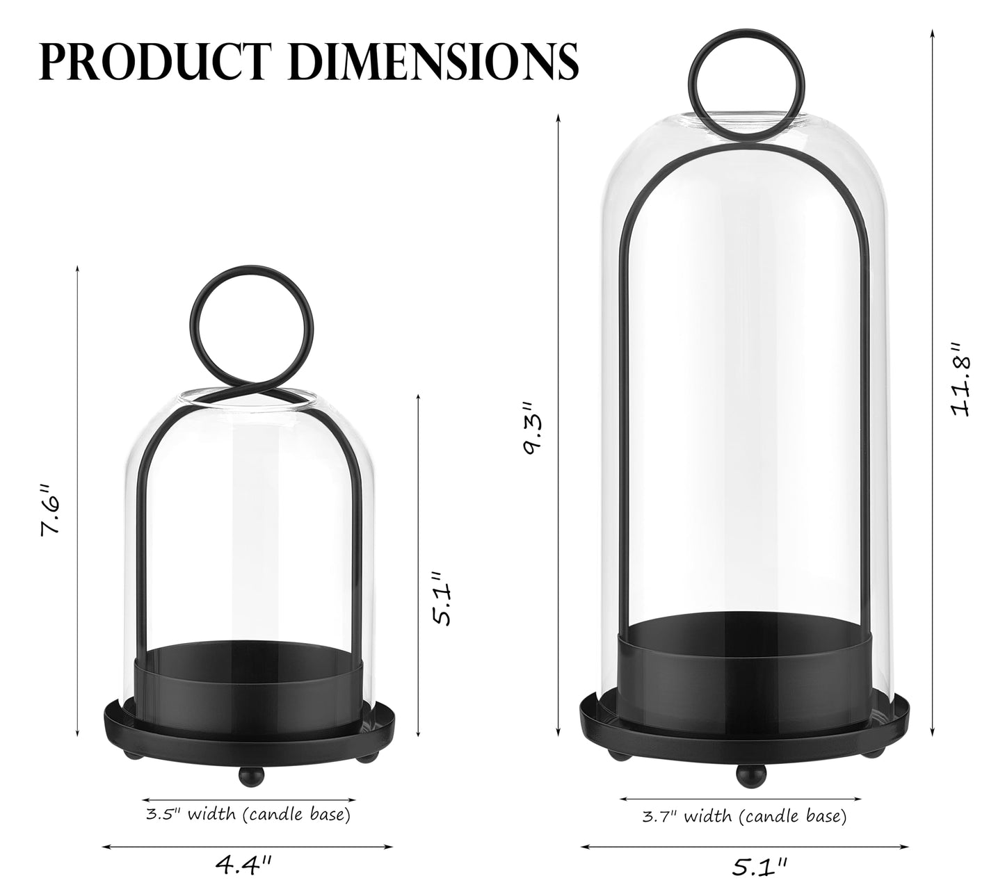 BUZFOWU Candle Holder Lanterns, Handcrafted Metal & Glass with Modern Aesthetic Design, Hurricane Pillar Candlestick Holders, Table or Hanging Decorations Set of 2, 5.1" & 4.4" Diameter, Black