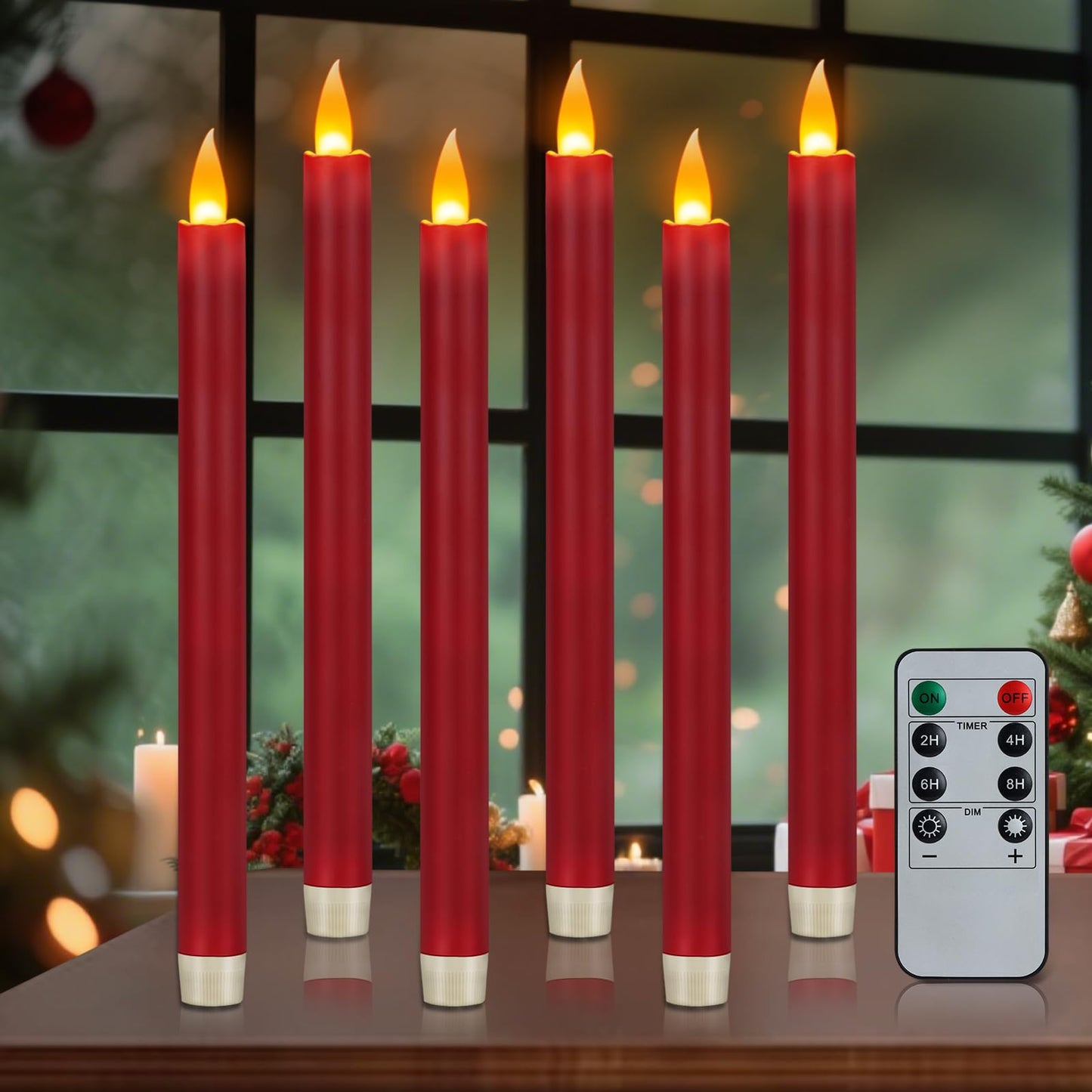 wemarry Flameless Taper Candles 10" Dripless Battery Operated Taper Candles Included Remote Timer 400+ Hours by 2AA Batteries for Halloween Christmas Wedding (Burgundy, 6 Pack)