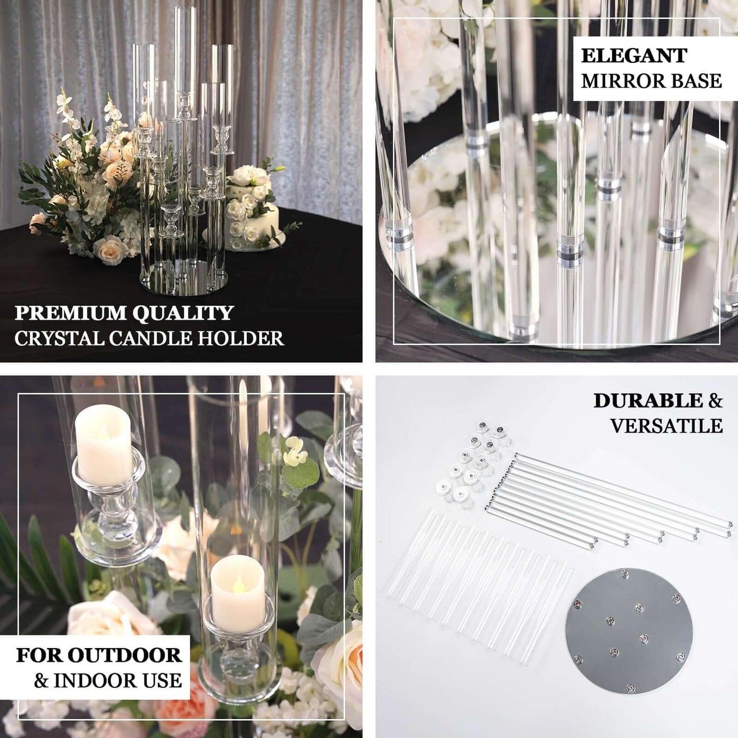 Efavormart 51" Clear 5-Arm Crystal Round Cluster Taper Candelabra Candle Holders, Votive Pillar LED Candle Holders with Round Mirror Base