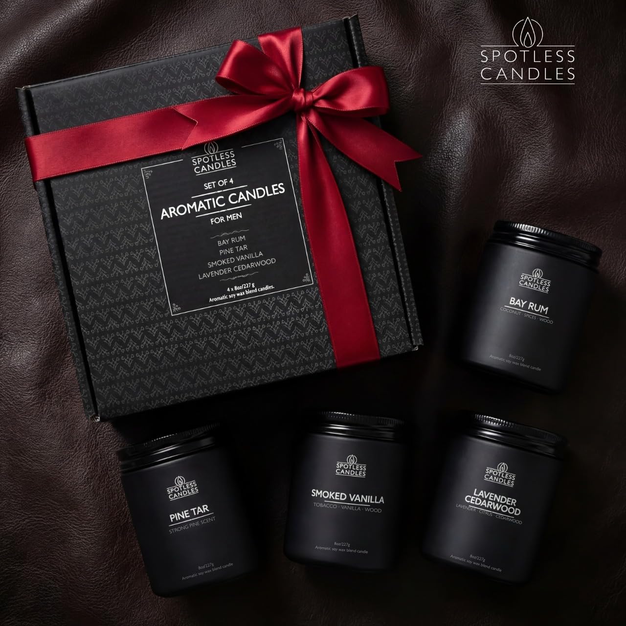 Men's Candle Gift Set; 4 x 8oz Scented Candles; Bay Rum, Pine Tar, Smoked Vanilla, Lavender Cedarwood; 200 Hours Burn Time; Matte Black Glass Jars; Premium Black Gift Box by Spotless Candles