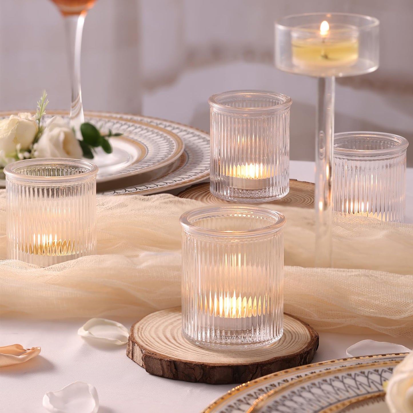NITIME 32Pcs Ribbed Votive Candle Holders, Clear Tea Light Candle Holder for Wedding Table Decor, Glass Candle Holder for Bridal Shower Decor, Home and Holiday Decor