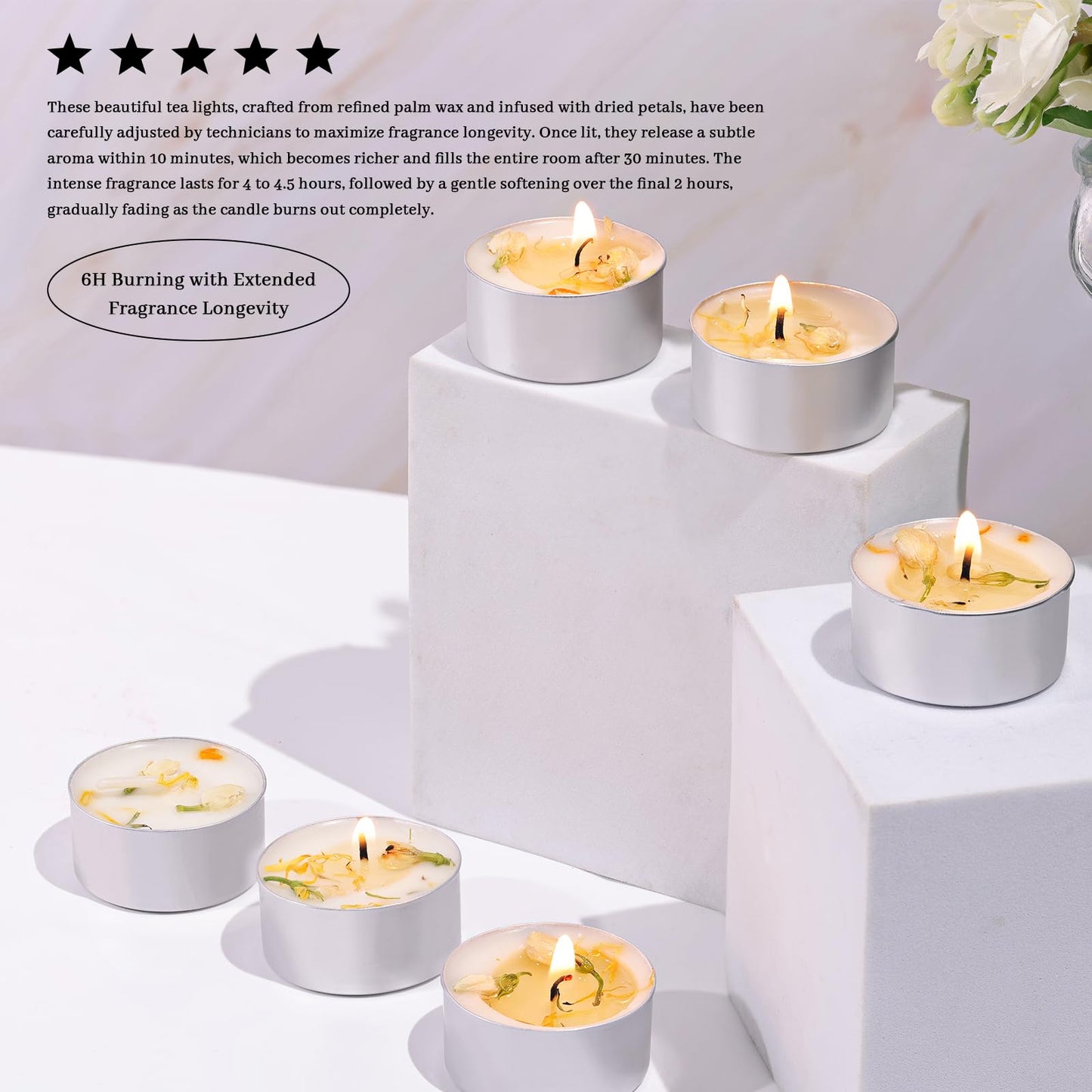 8 Pcs Jasmine Scented Tealight Candles, 6H Long Burning - 100% Palm Wax Based Scented Tea Lights with Dried Flowers, Non-Toxic/Smokeless Tea Lights Candles for Spa, Bath, Wedding