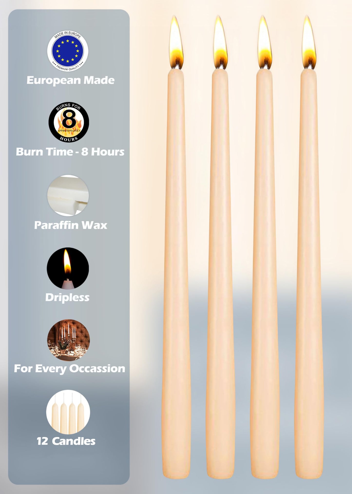 Hyoola Tall Taper Candles - 10 Inch Cream Dripless, Unscented Dinner Candle, Paraffin Wax with Cotton Wicks - 8 Hour Burn Time (Pack of 12)