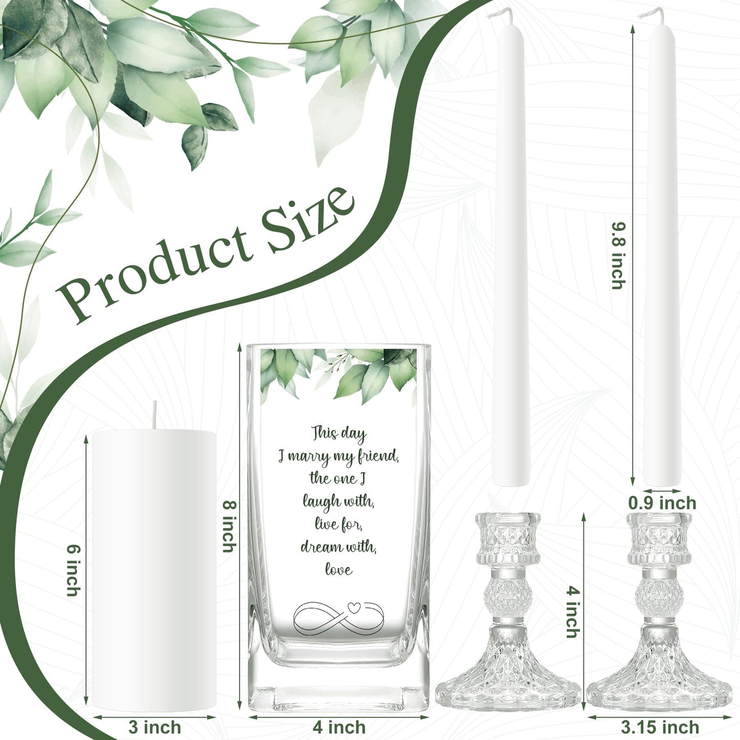 FoldTier Unity Candles with Holder for Wedding Ceremony Set 1 6" Pillar 2 9.8'' Taper Candles 3 Candlestick for Religious Formal Events Church(Green Leaf)