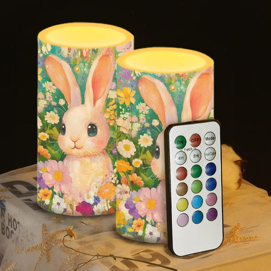 Luarisgur Flameless Candles LED Easter Rabbit Daisy Decorative Candles Battery Operated Ornage Flickering Candles with 18-Key Remote Timer Pillar for Home Living Room Party Table Decorations Green