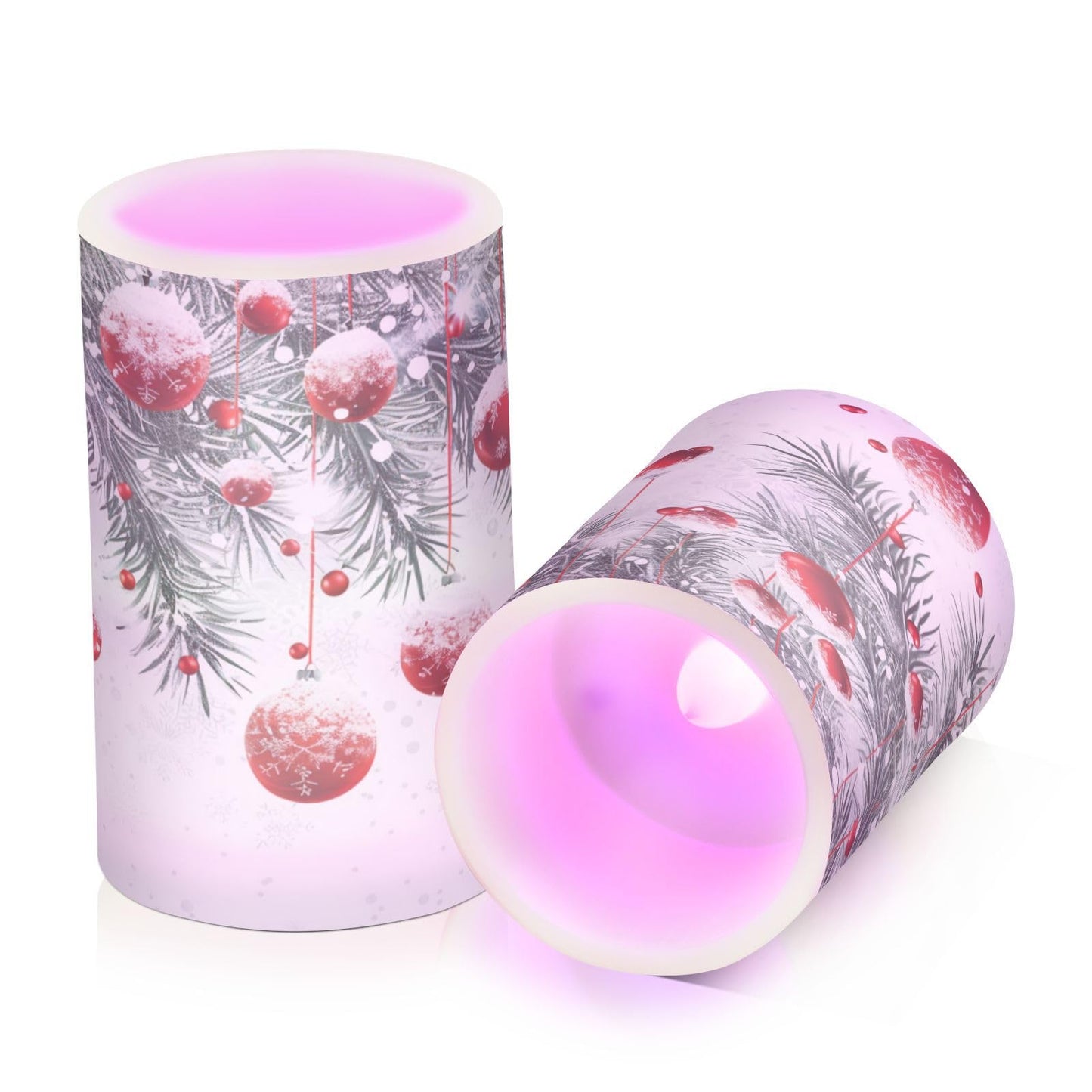 Christmas Lights Flameless Candles Winter Christmas Balls Snowflakes Pillar Candles Set of 2 Battery Operated Remote Control Warm Lights Home Decor