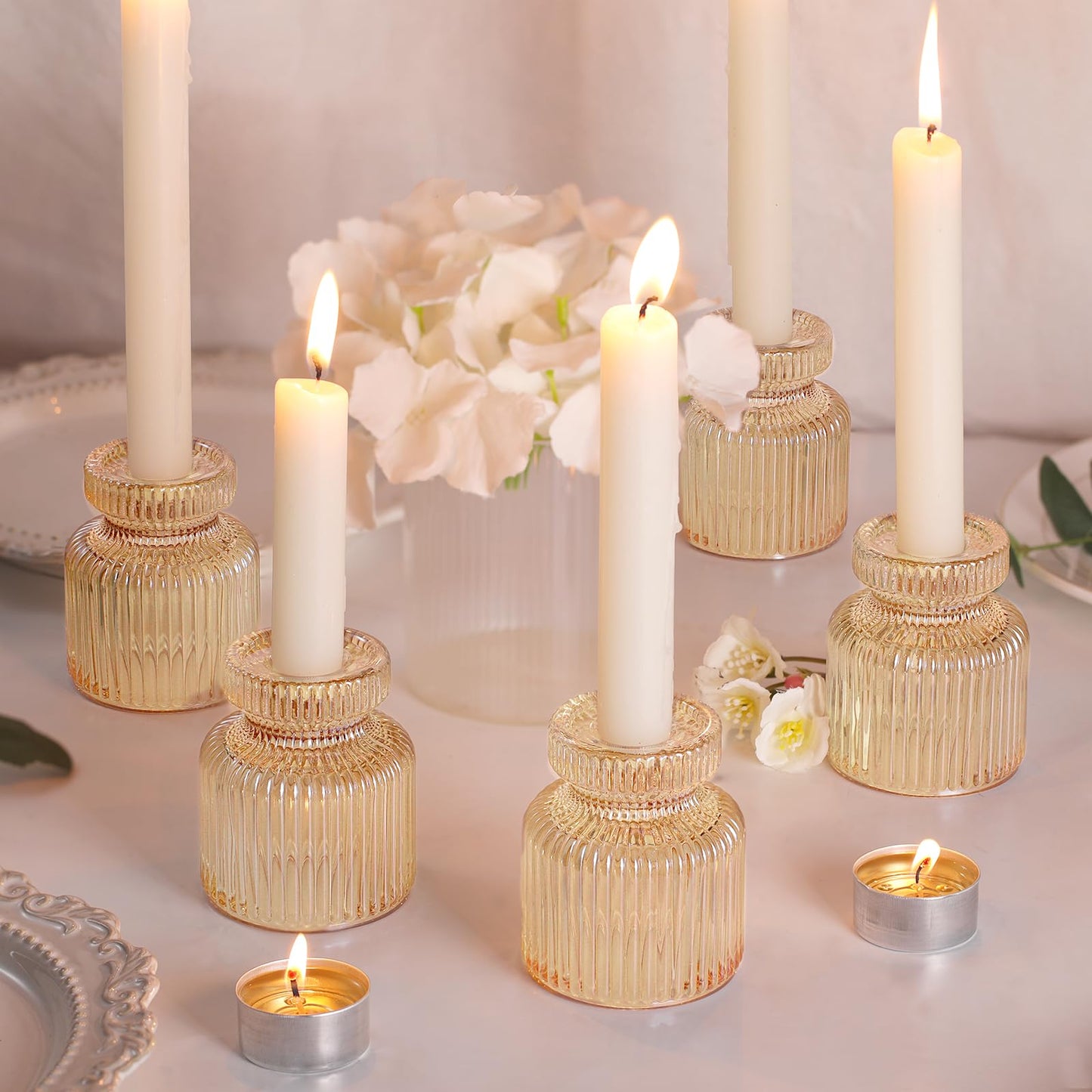 DARJEN 12 Pcs Glass Candlestick Holders- Gold Taper Candlestick Holders Tealight Votive Candle Holders for Table Centerpieces, Wedding, Dinner Party, Home Decor