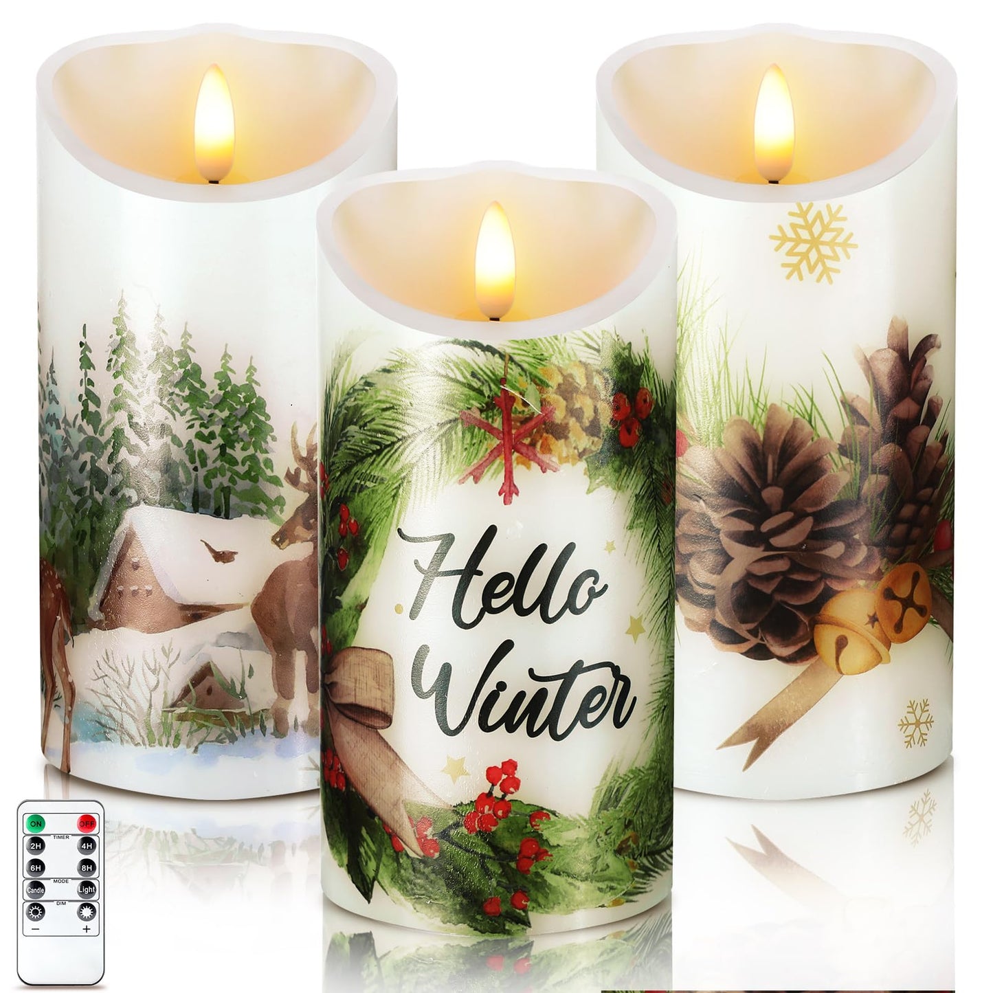 ROCEEI 3 Pcs Winter Forest Candles Battery Operated LED Candles Winter Forest Style Pillar Flickering Real Wax Decorations for Indoor Holiday Party Table Decor