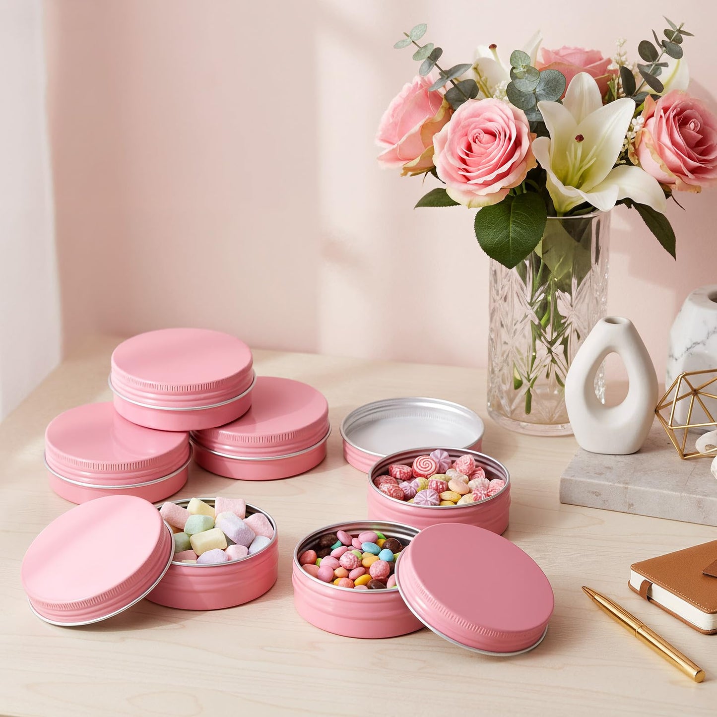 Patelai 2 oz Pink Metal Round Tins Aluminum Tin Cans Salve Tins Containers with Screw Lid 10 Sheets Stickers for Salve Spice Candies Balms Candles, 36 Pack (Classic Style)