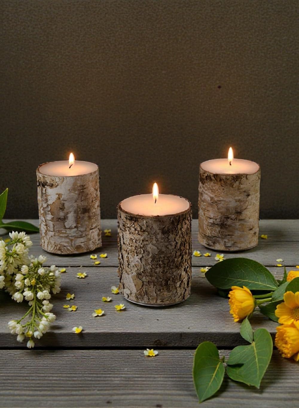 Serene Spaces Living Birch Bark Candle, Small Size, Set of 12 – Pillar Style Candle Brings Nature Indoors, Ideal for Weddings, Parties, Events, Restaurants, Home Decor, 3" in Diameter & 4" Tall