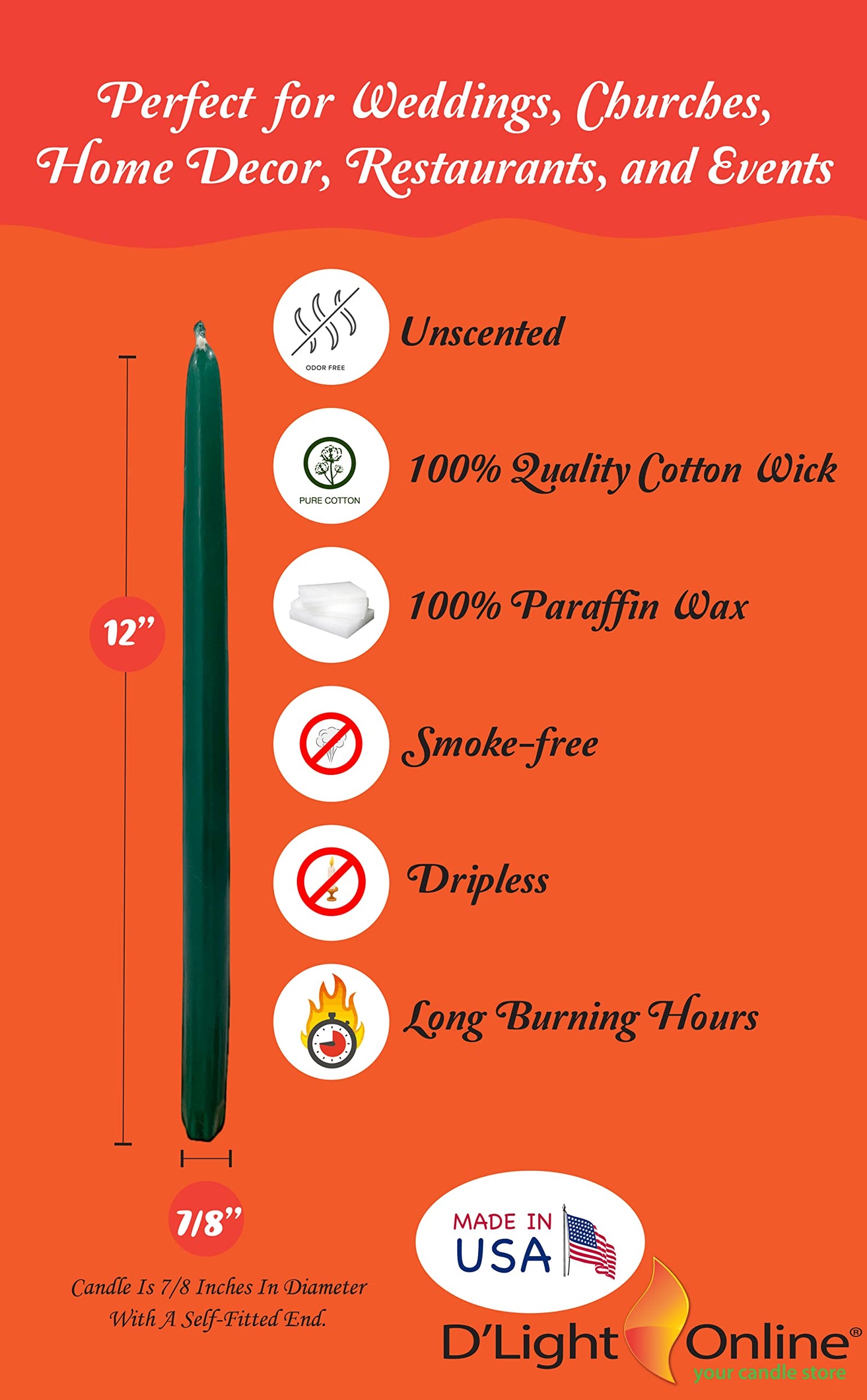 D'light Online Elegant 12" Unscented Hunter Green Taper Candles Premium Quality Candles Hand-Dipped Tapered Candles, Dripless and Smokeless - Set of 12 Individually Wrapped (12 Inch, Dark Green)