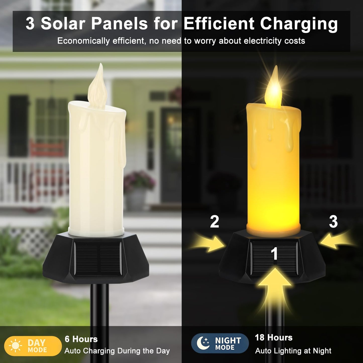 Solar Flameless Candles Outdoor Waterproof, Patented Dual-LED Flickering Flame 7" Dripping Wax Pillar with Detachable Stake, 3-Sided Solar Base for Patio, Cemetery (4 Pack)